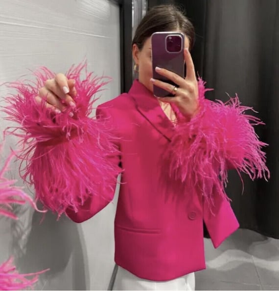 Crop Pink Fuchsia Blazer With Feathers Zara Blazer Etsy Sweden