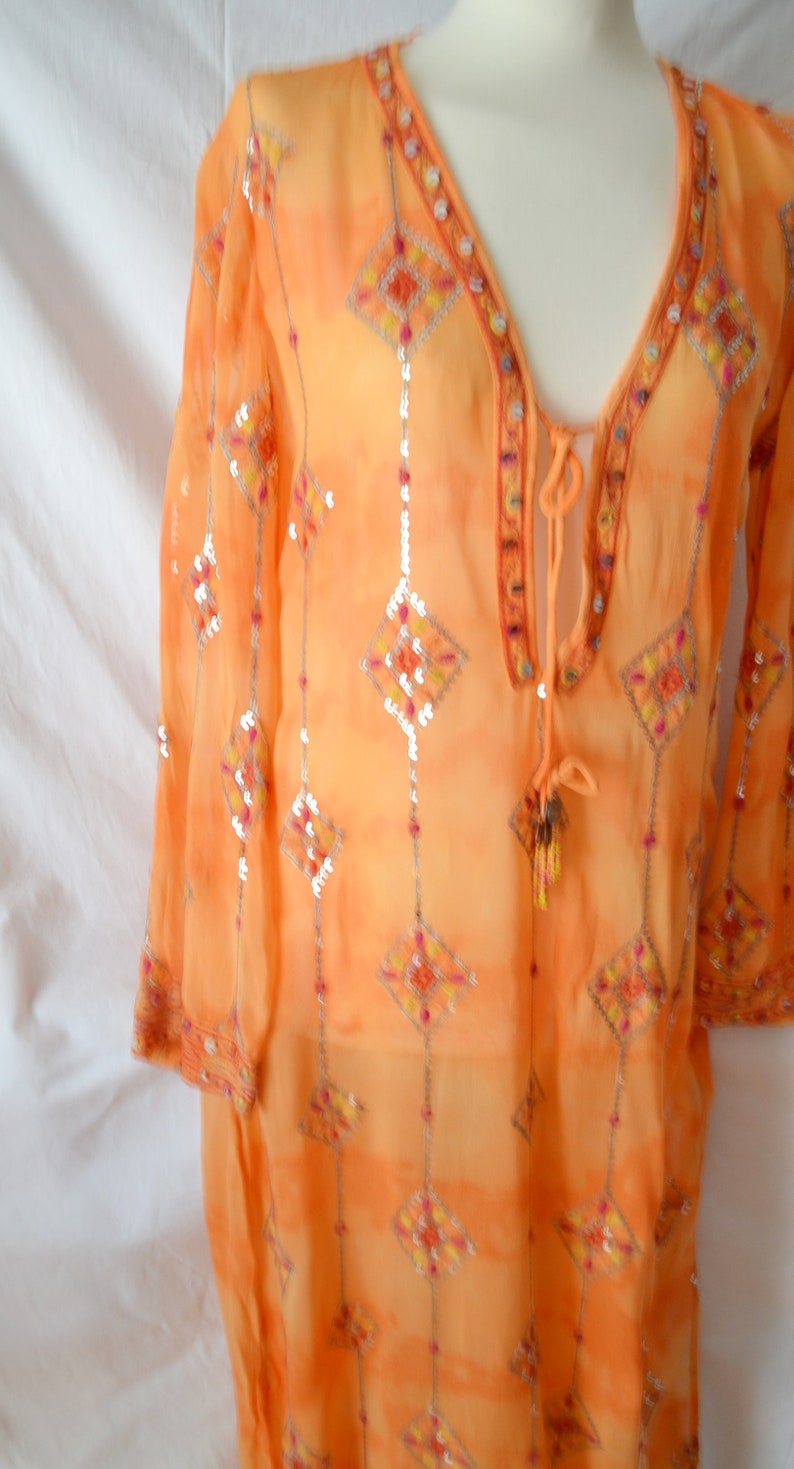 Orange cotton tunic dress with contrast lace trim