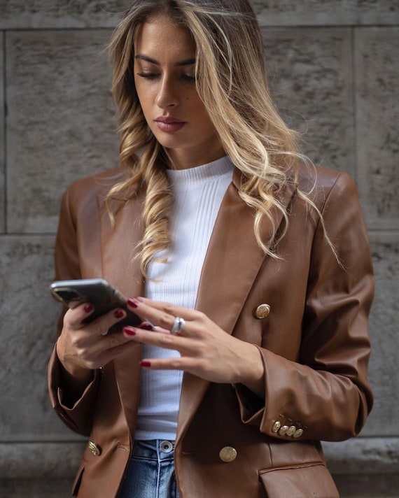 Brown Faux Leather Blazer With Gold 