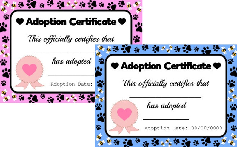 Puede incluir: Dos certificados de adopci&oacute;n con bordes rosas y azules. Cada certificado tiene un coraz&oacute;n, huellas de patas y las palabras "Certificado de Adopci&oacute;n". Los certificados incluyen espacio para el nombre del adoptante y la fecha de adopci&oacute;n.