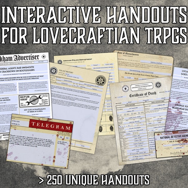 Mega pacchetto Cthulhu Handouts / Dispense interattive per giochi di ruolo lovecraftiani / PDF compilabili con modulo + Caratteri Cthulhu