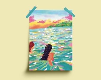Summer Love Story Ocean Illustration - art print - A4, sea swim art, ocean art, summer poster, bedroom wall decor, open water swim