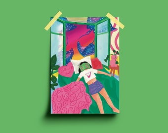 Stay in Bed illustration - art print - A4, funny bedroom illustration art, lazy mood bedroom decor, bedroom art print