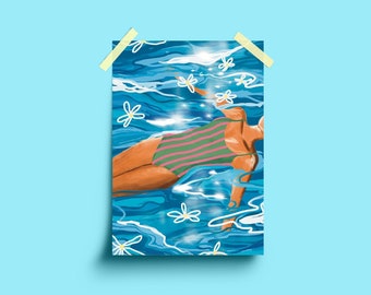 Girl Ocean illustration - art print - A4, open water swim art, sea art print, ocean wall art, bedroom wall decor, travel print
