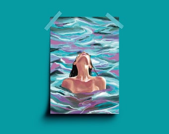 Sea Swim Ocean illustration - art print - A4, open water swim art, sea art print, ocean wall art, bedroom wall decor, travel print