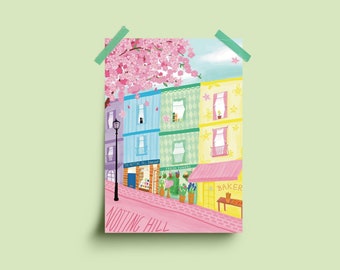 Notting Hill London Illustration - stampa d'arte - A4, Portobello Road, arte murale, stampa di viaggio, arte londinese, stampe londinesi, arte sprint
