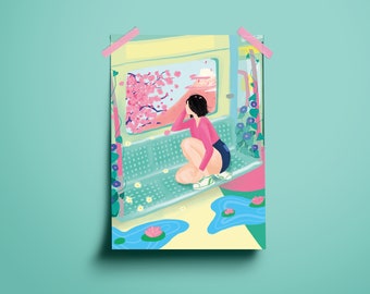 Spring on Metro illustration - art print - A4, spring art, Japan art, pastel art, flower wall decor
