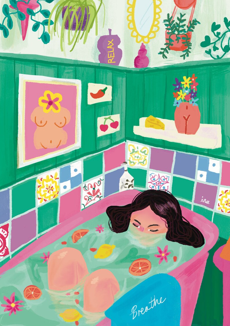 Self Care Self Love Illustration Art Print, Bathroom Art