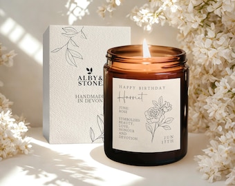 Birthday gift for her | Hand-Drawn Birth Flower | 100% Soy Wax | Handmade in Devon