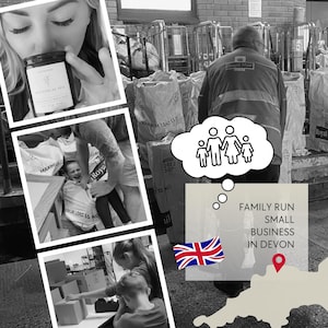 The image is a collage of various scenes depicting people, including a woman holding a candle, a man pushing a cart, and a child playing. There is also a thought bubble containing a family, and a map of Devon, England, with the text "FAMILY RUN SMALL BUSINESS IN DEVON" and a British flag.