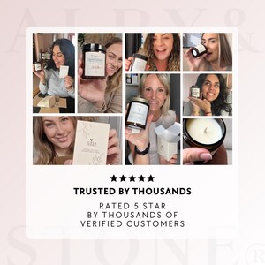 The image is a collage of photos featuring people holding candles and other products, with the text "TRUSTED BY THOUSANDS" and "RATED 5 STAR BY THOUSANDS OF VERIFIED CUSTOMERS" at the bottom.