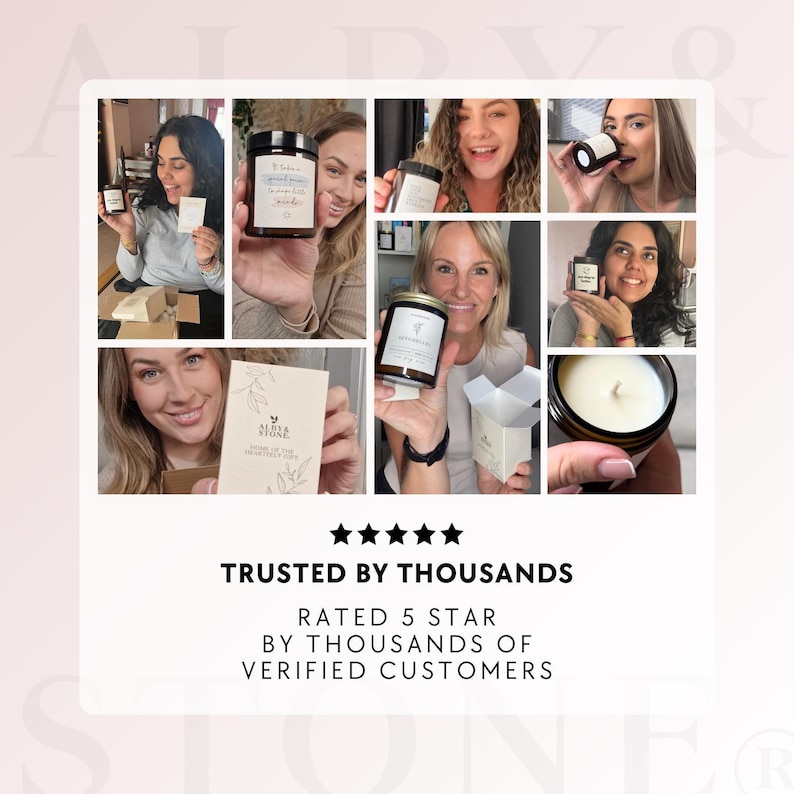 The image is a collage of photos featuring people holding candles and other products, with the text "TRUSTED BY THOUSANDS" and "RATED 5 STAR BY THOUSANDS OF VERIFIED CUSTOMERS" at the bottom.