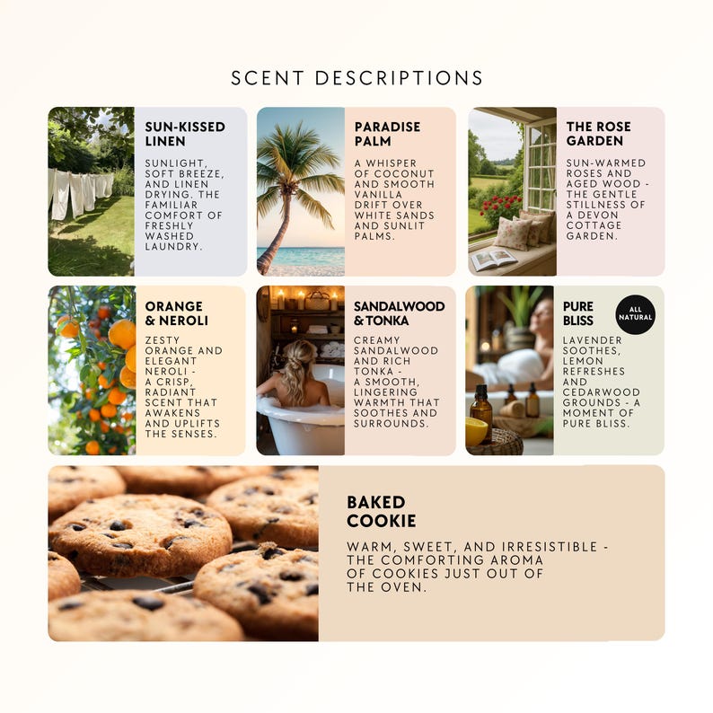 The image is a collage of six images, each depicting a different scent description. The images include a sunset, a palm tree, a rose garden, an orange and neroli, a sandalwood and tonka, a baked cookie, and a rose garden.