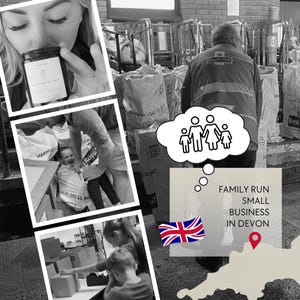 The image is a collage of various scenes depicting people, including a woman holding a candle, a man pushing a cart, and a child playing. There is also a thought bubble containing a family, and a map of Devon, England, with the text "FAMILY RUN SMALL BUSINESS IN DEVON" and a British flag.
