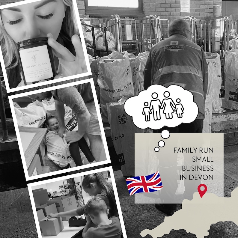 The image is a collage of various scenes depicting people, including a woman holding a candle, a man pushing a cart, and a child playing. There is also a thought bubble containing a family, and a map of Devon, England, with the text "FAMILY RUN SMALL BUSINESS IN DEVON" and a British flag.