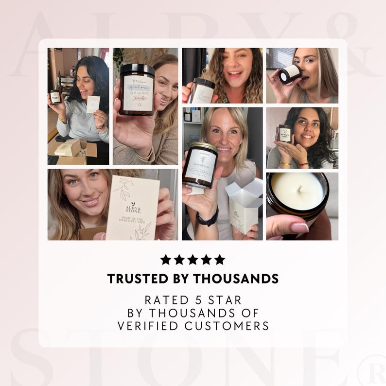 The image is a collage of photos featuring people holding candles and other products, with the text "TRUSTED BY THOUSANDS" and "RATED 5 STAR BY THOUSANDS OF VERIFIED CUSTOMERS" at the bottom.