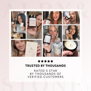 The image is a collage of photos featuring people holding candles and other products, with the text "TRUSTED BY THOUSANDS" and "RATED 5 STAR BY THOUSANDS OF VERIFIED CUSTOMERS" at the bottom.