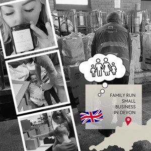 The image is a collage of various scenes depicting people, including a woman holding a candle, a man pushing a cart, and a child playing. There is also a thought bubble containing a family, and a map of Devon, England, with the text "FAMILY RUN SMALL BUSINESS IN DEVON" and a British flag.