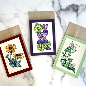 Lot de 3 cartes de voeux aquarelle fleurs, cartes d'anniversaire botaniques pour elle, cartes florales avec enveloppes, cadeaux de jardinier pour femme