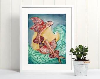 Art Print, Pez volador, Vida marina, vida oceánica, criatura marina, estampado de acuarela