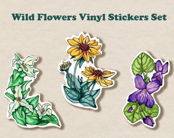 Wildflower sticker pack set of 3, cottagecore stickers for laptop, plant mom gift, black eyed susan sticker for journal, dorm