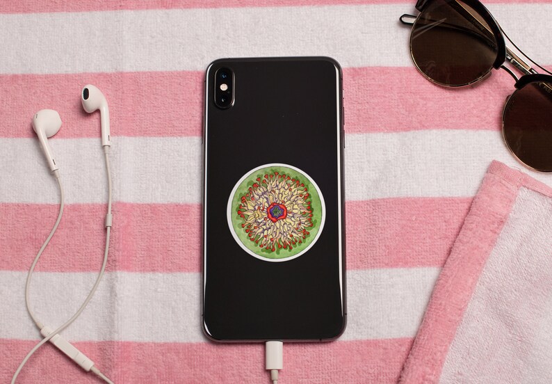 May include: A black smartphone with a green, yellow, and red circular sticker on the back. The sticker features a detailed design of a flower with multiple petals.