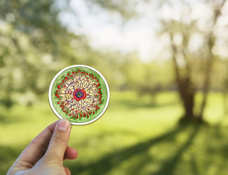 May include: A round sticker with a colorful, intricate design of a flower with red, yellow, and green petals. The center of the flower is purple and white.