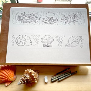 以下が含まれることがあります： イーゼルの上に置かれた白い紙に、貝殻とクラゲの絵が描かれている。絵は黒いインクで描かれており、巻貝、ホタテガイ、巻貝、クラゲ3匹が描かれている。貝殻とクラゲの周りに、泡を表す小さな円も描かれている。