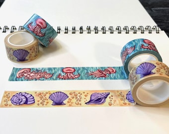 プロモーションセット 2 枚セット 和紙テープ クラゲと貝殻、かわいいギフト、ジャーナリング、プランナーデコレーション、海の生き物好きへのギフト、ビーチコマーアートギフト