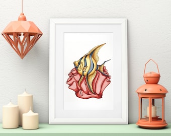 Illustration av ängelfisk, konstverk av tropiska fiskar, affisch för undervattensfiskar, kustinredning för vardagsrum, present till fiskälskare, strandheminredning