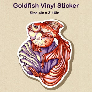 May include: A vinyl sticker featuring a red and orange goldfish with a purple and yellow background. The sticker is 4 inches by 3.16 inches.