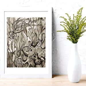 Art Print, Squid and Octopus, Marine life, ocean life, sea creature, watercolor print