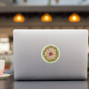May include: A laptop computer with a sticker of a colorful mandala design on the lid. The mandala is green, red, yellow, and white.