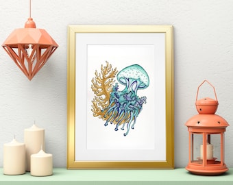 Impressão vibrante de arte de água-viva, decoração de parede de oceano, impressão náutica, arte subaquática, pôster de vida marinha, presente para ela