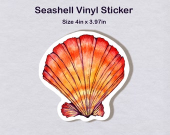 Könnte beinhalten: Ein Vinyl-Aufkleber mit einer Aquarell-Illustration einer Muschel. Die Muschel ist orange, gelb und rot mit einem weißen Umriss. Der Aufkleber ist 4 Zoll mal 3,97 Zoll groß.