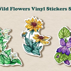 Wilde Blumen Vinyl Aufkleber Set von 5, Cottage Core Aufkleber für Laptop, Pflanzenmama Geschenk, Aufkleber für Journal, Wohnheim, Wasserflasche, Becher