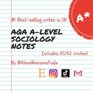 May include: AQA A-Level Sociology Notes, #1 Best-selling notes in the UK, includes AS/A2 content, by @AlevelRevisionFinds, with social media icons for Instagram, TikTok, and email.