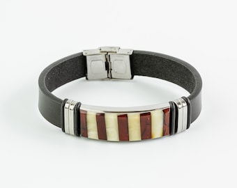 Black Leather Bracelet: Baltic Amber Mosaic, Polished Amber