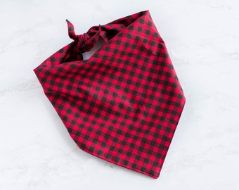 buffalo plaid dog bandana, red plaid dog bandana, buffalo check dog bandana, black and red bandana, tie on dog scarf, fall dog bandana