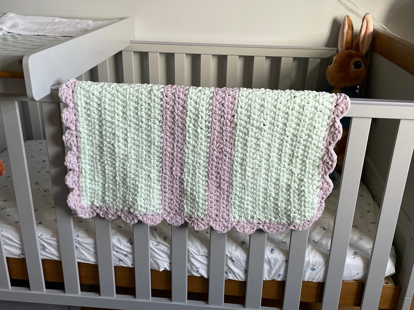 Handmade chunky crochet baby blanket with scalloped edge in Etsy