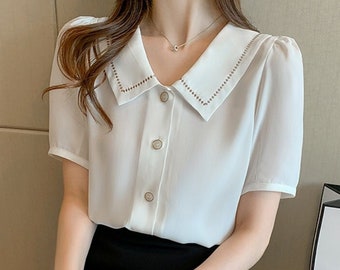  n/a Long Sleeve Blouse Women Beading Stand Collar Dot Chiffon Blouse  Shirt Women Tops Blouses Shirts (Color : A, Size : L Code) : Clothing,  Shoes & Jewelry