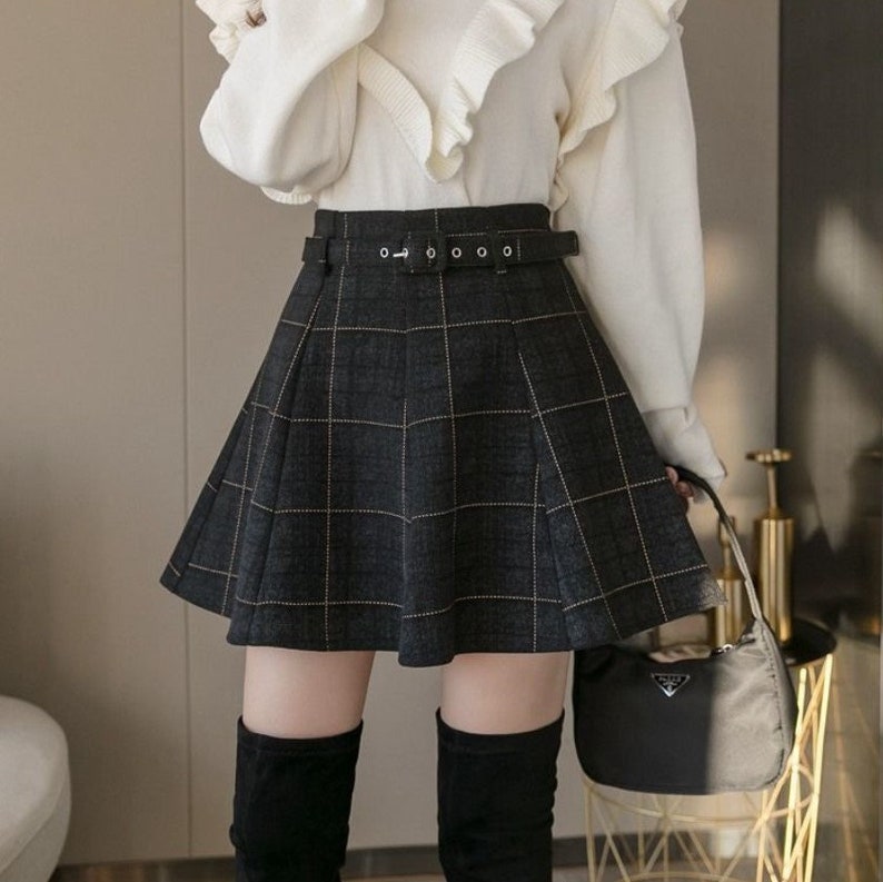 Pleated Korean Plaid A Line Skirt With Inner Shorts and Belt / - Etsy