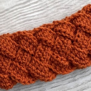May include: A crocheted headband in a burnt orange color with a braided pattern.