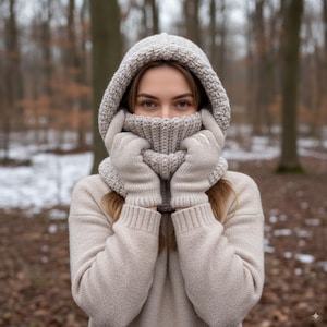 May include: A light gray knitted hood, scarf, and glove set. The hood is pulled up, covering the head and neck, with the scarf wrapped around the lower face. The gloves are held up near the face. The set is made of a soft, textured yarn.