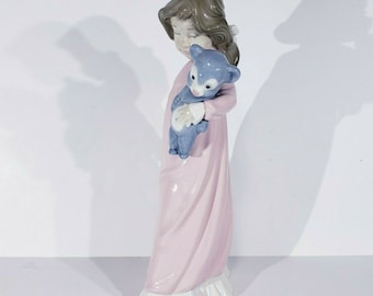 Zaphir Lladro Girl in Pink Nightgown Blue Teddy Bear Figure Made in Spain 12.5"