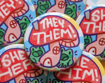 Pronoun Frog Mushroom House Buttons! 1.5&quot;