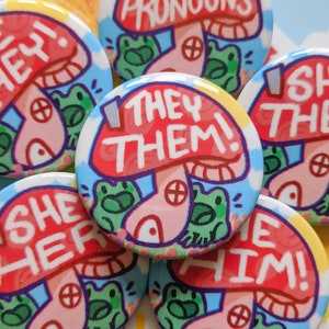 Pronoun Frog Mushroom House Buttons! 1.5"