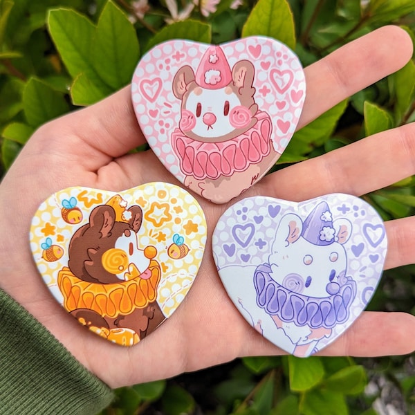 Clown Bear Large Heart Buttons! 2.25"
