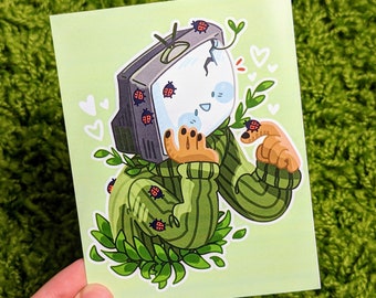 May include: A green cartoon character with a broken television screen for a head. The character is wearing a green sweater and has a plant growing out of the top of its head. There are several ladybirds on the character and the television screen.