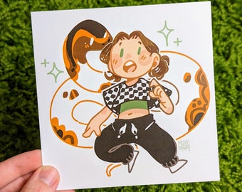 May include: A cartoon illustration of a person with brown hair wearing a black and white checked shirt, green trousers, and a black snake with orange markings wrapped around them. The snake is white with orange and brown markings. The background is white with green sparkles.